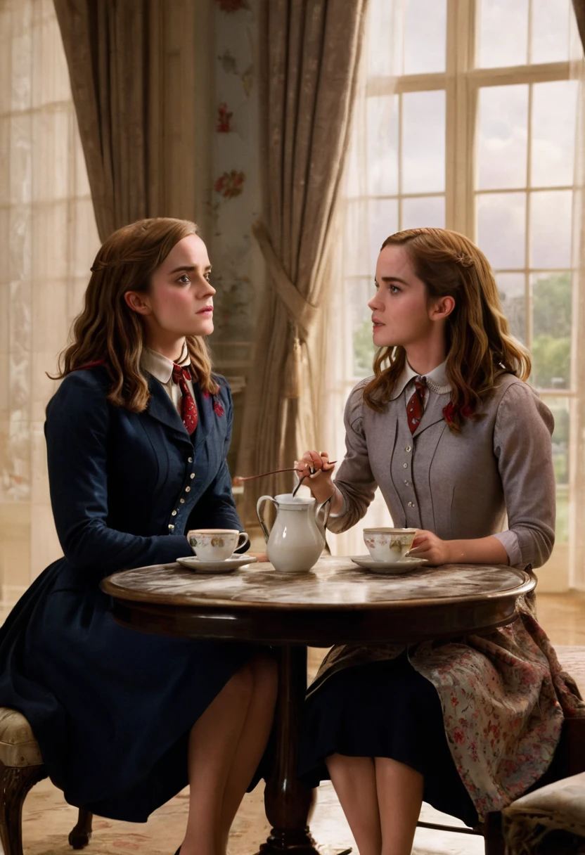 Two girls, A pupil and her teacher, Emma Watson as Hermione Granger, Emily Blunt as Mary Poppins, brunette curly long hair, sitting in a coffe, wide open eyes, wears, misterious, masterpiece, 8k, dinamic pose, vagina exposed