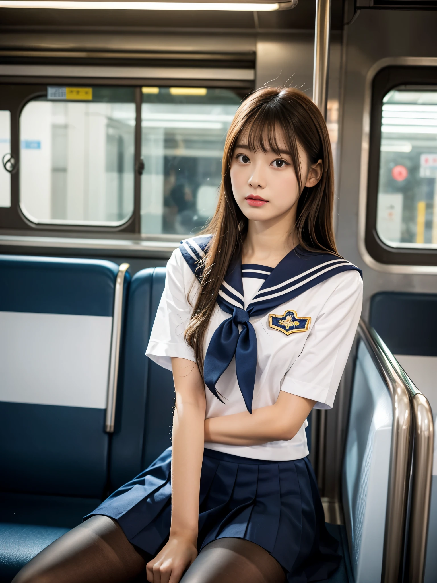 (masterpiece, Ultra high definition, 8k), Light brown hair, Japanese Girls, Uniform skirt, Accentuate your thighs, White thighs, Soft thighs, Shiny thighs, Sitting on a train, Shooting from face-to-face, (Angle from below), sitting in a train seat, sitting in front, Zoom in on the crotch, Put your feet on the train floor, whole body, Looking down and sleepy, Only watch the viewers, Ultra-high resolution, (Realistic:1.37), RAW Photos, sharp,Focus, Nikon D850 film stock photos, F1.6 Lenses、Rich colors、Ultra-realistic and lifelike textures、Dramatic lighting、 ((cute)), (Ultra-realistic pantyhose), ((Sailor suit)),((Short sleeve uniform white shirt)),(Red school ribbon),(Blue checkered mini pleated skirt)
