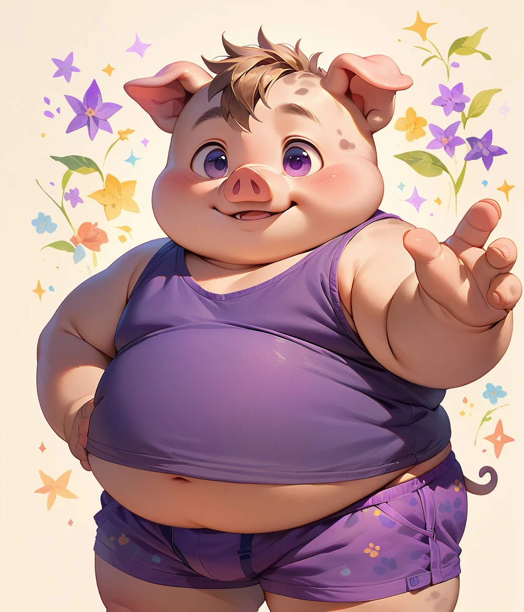 (cute, Obese, male, anthro, pig cub), cutepets, ((purple eyes, purple tank top, purple boxers)), hires textures, highly detailed, intricate details, best quality, masterpiece, detailxl