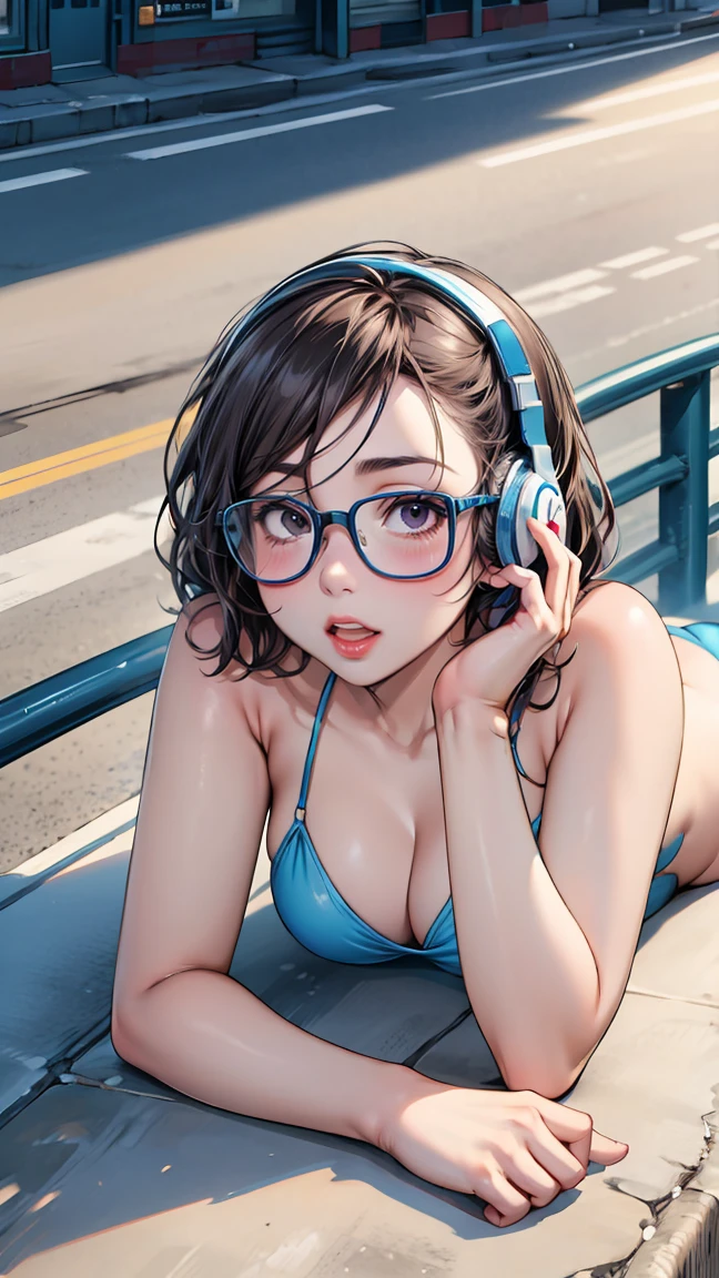 Masterpiece, Best Quality, Miku, (Brown hair), Shy, Blushing, blue eyes, (immense blush), (tongue-out), (Long tongue), (tight bikini), (big breastes)