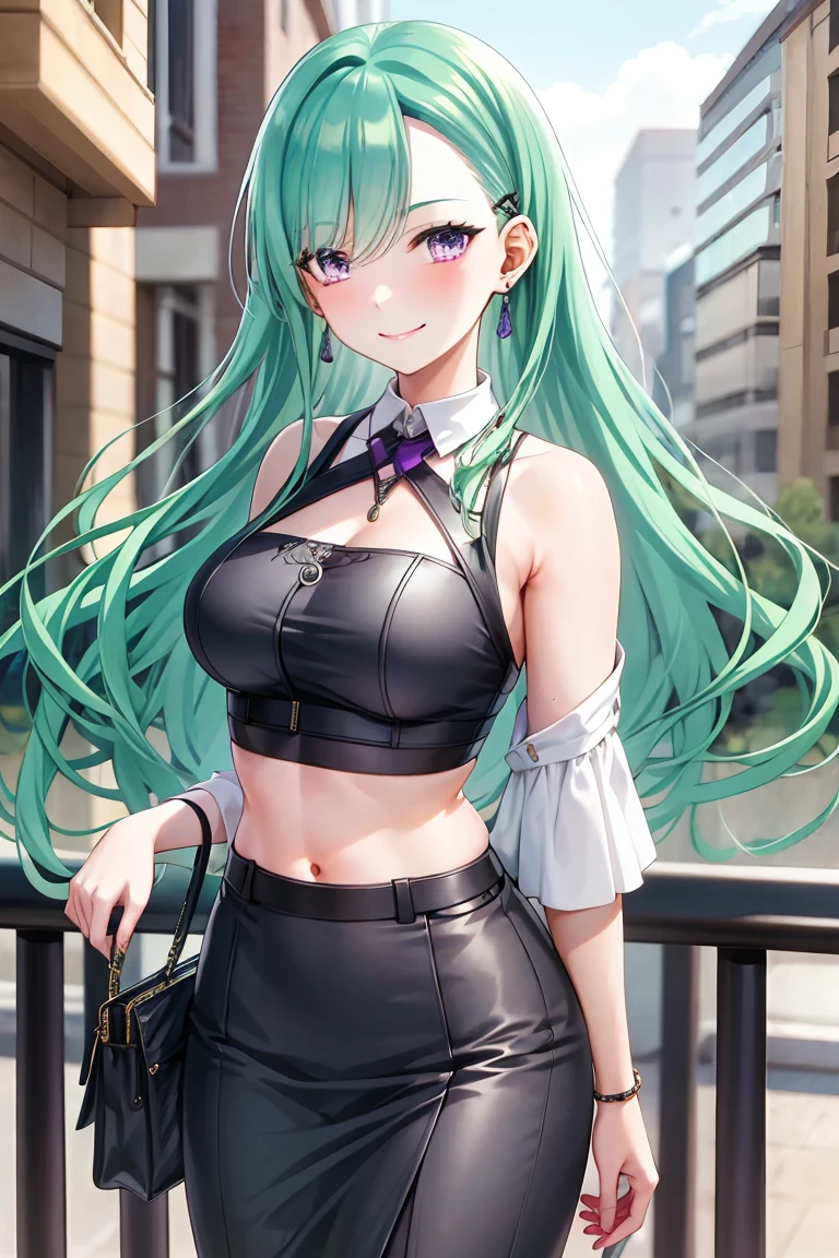 masterpiece, Best Quality, 8K, (Top resolution, Distinct_image) best qualtiy, nervous smile, Highly detailed, Half realistic,
BREAK Yakumo Beni, green hair, purple eyes, young girl,
BREAK Black clothing, Black uniform, pencil skirts, in the town