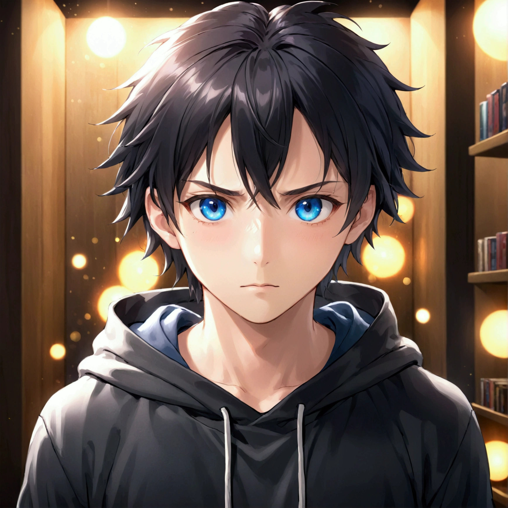 1 boy, anime style, black hair, blue eyes, black hoodie, looking at camera, best quality, 4k, 8k, highres, masterpiece, ultra-detailed, realistic, photorealistic, HDR, UHD, studio lighting, ultra-fine painting, sharp focus, physically-based rendering, extreme detail description, professional, vivid colors, bokeh, anime art, konachan, anime wallpaper, 4k anime, manga, badass