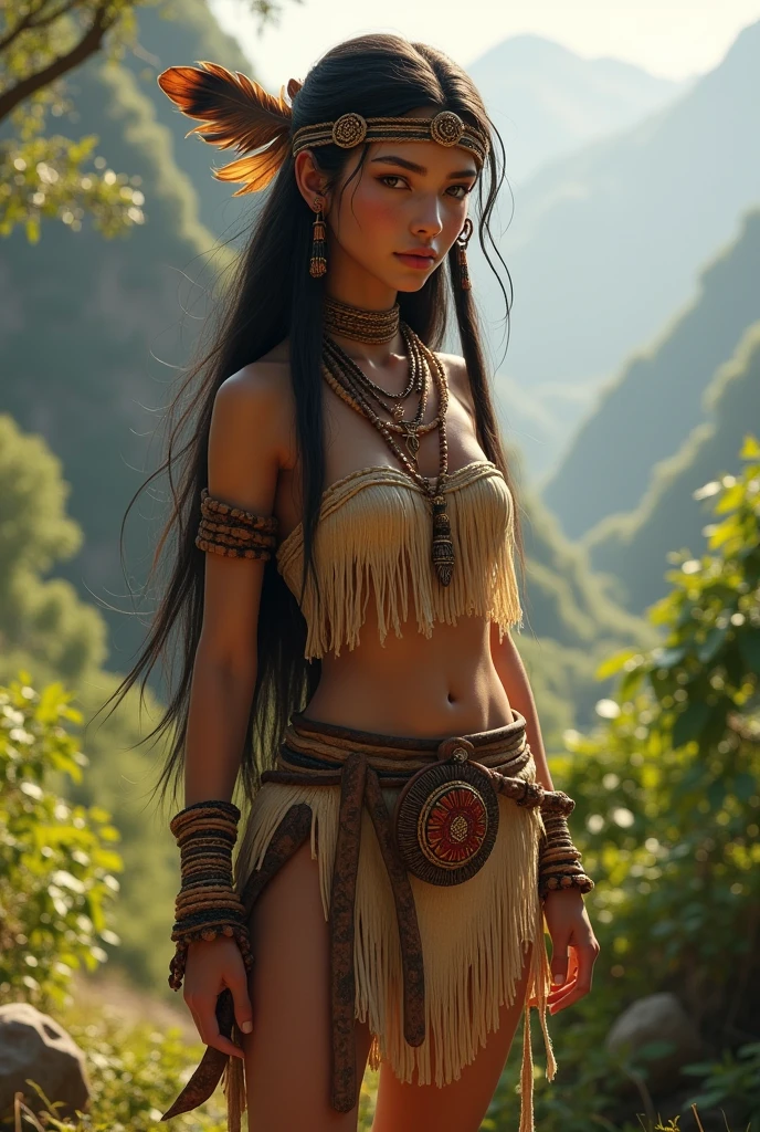 girl,teen, ancient aztec hunter, hunting gear, bow and arrow holding in hands , accesories, exposed breasts, small breasts, naked breasts, topless, vibrant appearance, creative behavior, imaginative, sensual, spontaneous, highest quality, skin texture, intricate details, (cinematic lighting), RAW photo, 8k
