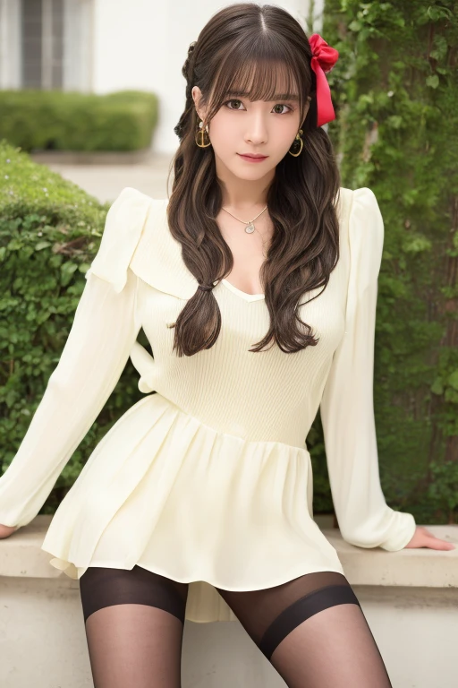 8k, Best Quality, Ultra-high resolution, masterpiece, Realistic, Realistic, High contrast, Photon Mapping, Realistic, Very detailed、((Anatomically correct))、Low Angle: 1.3, 1 girl, Alone: 1.5, whole body, Natural Makeup, blazer: 1.2, Short skirt: 1.2, blouse, Silk Pantyhose, High heels, Spread your legs: 1.5, Long dark brown hair, Wet white lace panties: 1.5, I can see her panties under her skirt: 1.3, expensive, height: 160cm, Long legs: 1.2, Large Breasts, Beautiful Face: 1.2,  Skin Texture、Looking at the camera、Twin tails, (movie, movie撮影, Super detailed, Reality, Portrait Photography, Realism, movieの光効果, ribbon hair accessories), ((Protruding nipples))、Sparkling eyes、Looking at the camera、Random hairstyle side ponytail, Heart-shaped earrings, 