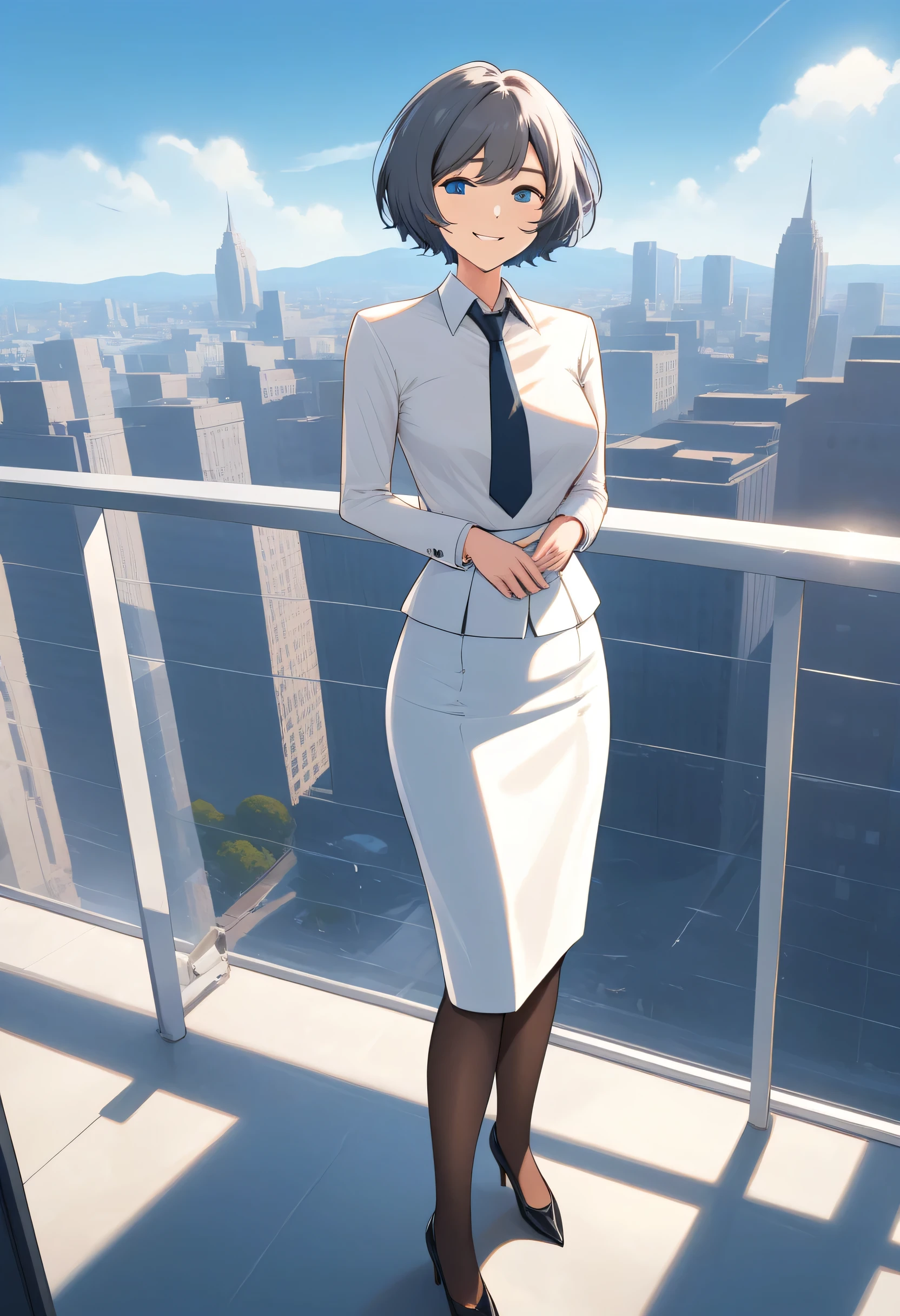 (masterpiece:1.37), Best Quality, (Very detailed:1.37), rooftop, blue sky, woman,(smile:1.3), (Mature:1.75), (Adult:1.5), (Short Hair:1.5), (Very detailed eyes:1.37), chest, White business suit, tie, (Very long pencil skirt:2.0), pantyhose, (Be incontinent:2.0), Standing upright, (despair:2.0), Full Body Day, Daytime, Shine, In-person audience, Perfect composition, Perfect light and shadow, 8k