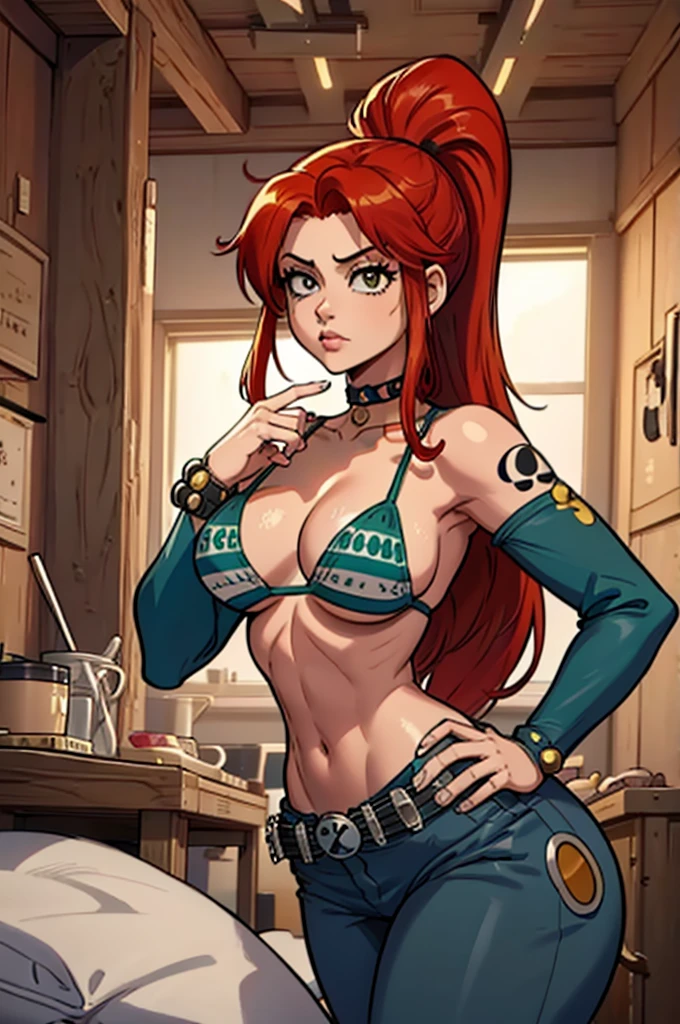 Masterpiece, best quality, intricate details, Yoko Littner (Gurren Lagan), sexy female with red hair, knitting needles in hair, hair pulled back into a ponytail, skull hair clip, Nami (Post Time Skip) Outfit, choker, green swimsuit with white stripe, blue jeans