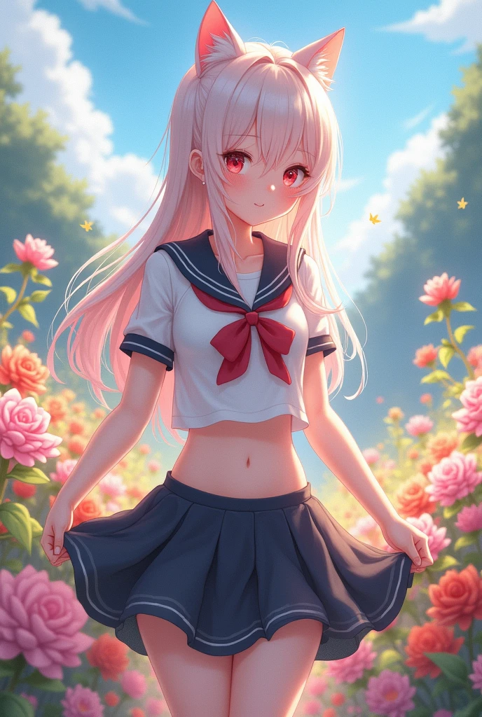 1girl, (upper body:1.3), cat girl, grey hair, streaked hair, pink hair, long hair, hair between eyes, twintails, sailor collar,
highly_detailed, extremely_detailed_CG_unity_8k_wallpaper, highres, absurdres, beautiful_detailed_eyes, finely_detailed_clothing, finely_detailed_light, highly_detail_hair_,
colorful, light rays, caustics, aistics, lens flare, bokeh, nsfw, tianyi3, flat-chested, pink eyes, silk stockings, JK Uniform Plaid Skirt, school uniform, Light pink mini skirt, blush,
score_anime, score_9, score_8_up, masterpiece, beautiful scenery, floral background, illustration, Light yellow underwear, sexually suggestive
