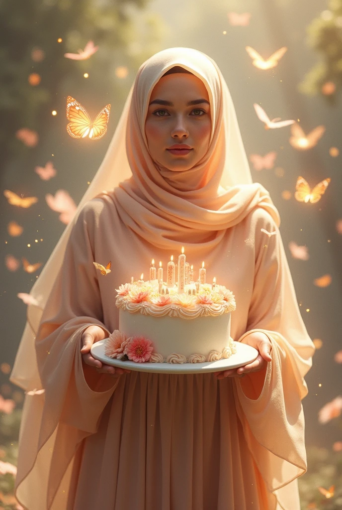 ultra hyperrealistic Yong woman asian wearing hijab and pink muslim party dress and wearing luxury shoes, sitting blowing birthday candles with number 30, very detailed, high quality,