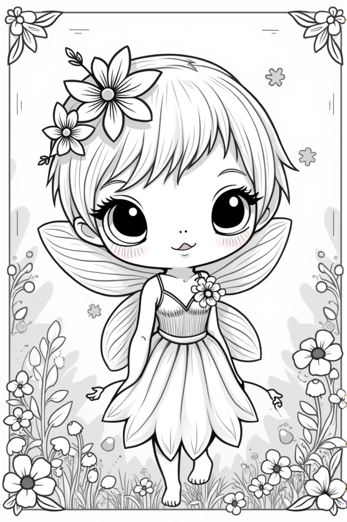 A graceful forest fairy with delicate wings sitting on a mushroom, for coloring pages, full white,clean line art, children's style, magic forest background, full body, Sketch style, playful style, childrens,coloring page, clean line art, white background, colouring page, clean outline