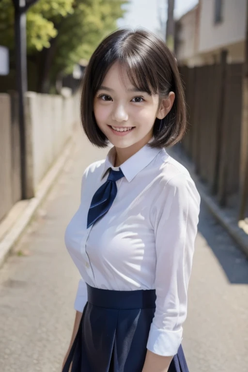 ((2.5th Dimension Girl))、(Best Quality,masterpiece:1.3,Ultra-high resolution),(Very detailed、Caustics) (Realistic:1.4, RAW shooting、)Ultra-Realistic Capture、Very detailed、Natural skin texture、masterpiece、(A Japanese elementary school girl wearing a white shirt and a navy blue micro mini skirt:1.3)、Adorable expression、Expression of happiness、、height: 140cm、baby face、Innocent Girl、Amazingly cute、Twin tail hairstyle、Curly Hair、Ribbon tie、Black Hair、Large Breasts、Shining thighs、Shining butt、The photo was taken on a major street in a tourist area.、Summer early morning、Background details、smile、An inviting gaze、(Anatomically correct)、Cowboy Shot、Attention to detail