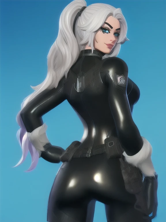 (masterpiece, best quality:1.2), 1girl, solo, Black_Cat_(Fortnite), blackcat, Black Cat, Fortnite, female BREAK long white hair, white hair, domino mask, bodysuit, black bodysuit, gloves, choker, white gloves, collar, superhero, black bodysuit, fur trim, skin tight, zipper BREAK Arrogant smile, thrilled expression on face BREAK Shot taken from behind, looking from behind, ass view
