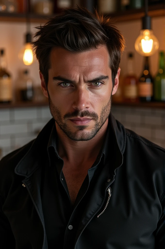 Close-up image, a dark VIP bar, and an extremely handsome man, marked jaw, full lips, bushy eyebrows, sexy look, Dark brown hair, very blue eyes, a black tailored suit, hair very well combed, with a whiskey in hand, and a watch on his left hand