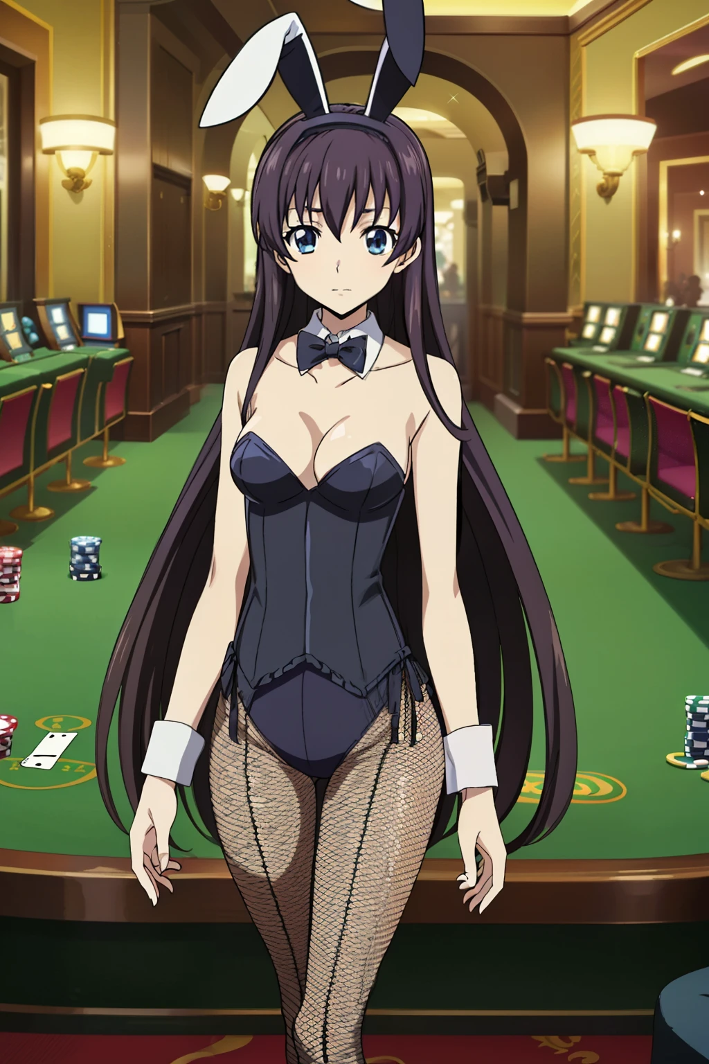 Black Hair,Long Hair,blue eyes,bangs, ((髪band)), Animeセル画スタイル,masterpiece, Highest quality, Very detailed, a Anime,, (((casino))), (((Playboy bunny, Fishnet tights, high leg, Bunny suit, tube top, bow tie))), (looking back),Naughty anime style, Anime, Naughty style, Naughty, Digital anime art!!, Anime Style, Official artwork, Visual Novel CG, 美しいAnime, Anime Style 4k,