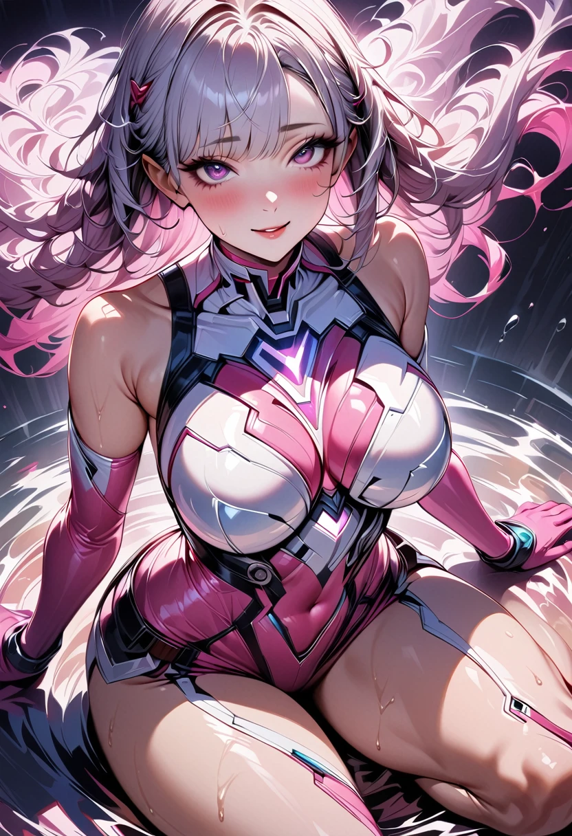 One young and beautiful woman,(Best Quality,Extremely detailed depiction,Incredibly absurd high definition,Anatomically accurate,Curvy Legs,Detailed pupil,Shiny skin,Porcelain-like skin),(Sentai heroine pink woman),(Tight white and pink bodysuit with hi-tech design,Reflective and smooth protector),eyelash,Eyeshadow,Eyeliner,mascara,Heavy makeup,(Bright pink eyes,Crazy Eyes,Half-closed eyes:1.5,Glossy lips,Purse your lips,blush,A seductive smile,Large breasts,whole body,Seductive gestures),Sweat