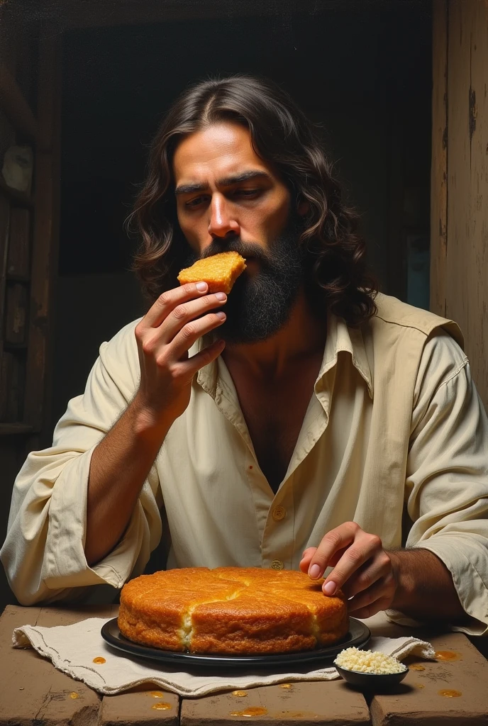 Realistic image of Jesus Christ, surreal, photography, skinny body, eating bread, miserable appearance, lifeless face, same person but muscular appearance eating bread grilled meat
