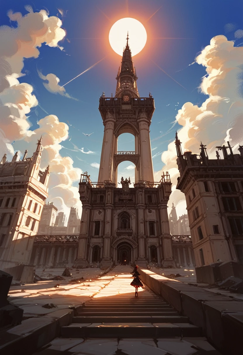 , score_9,score_8_up,score_7_up, A stone fortress,  with golden towers, gothic architecture, flying imponent, over a modern city  in ruins, dark atmosphere, the sun is covering by dark red clouds, pov on perspective,