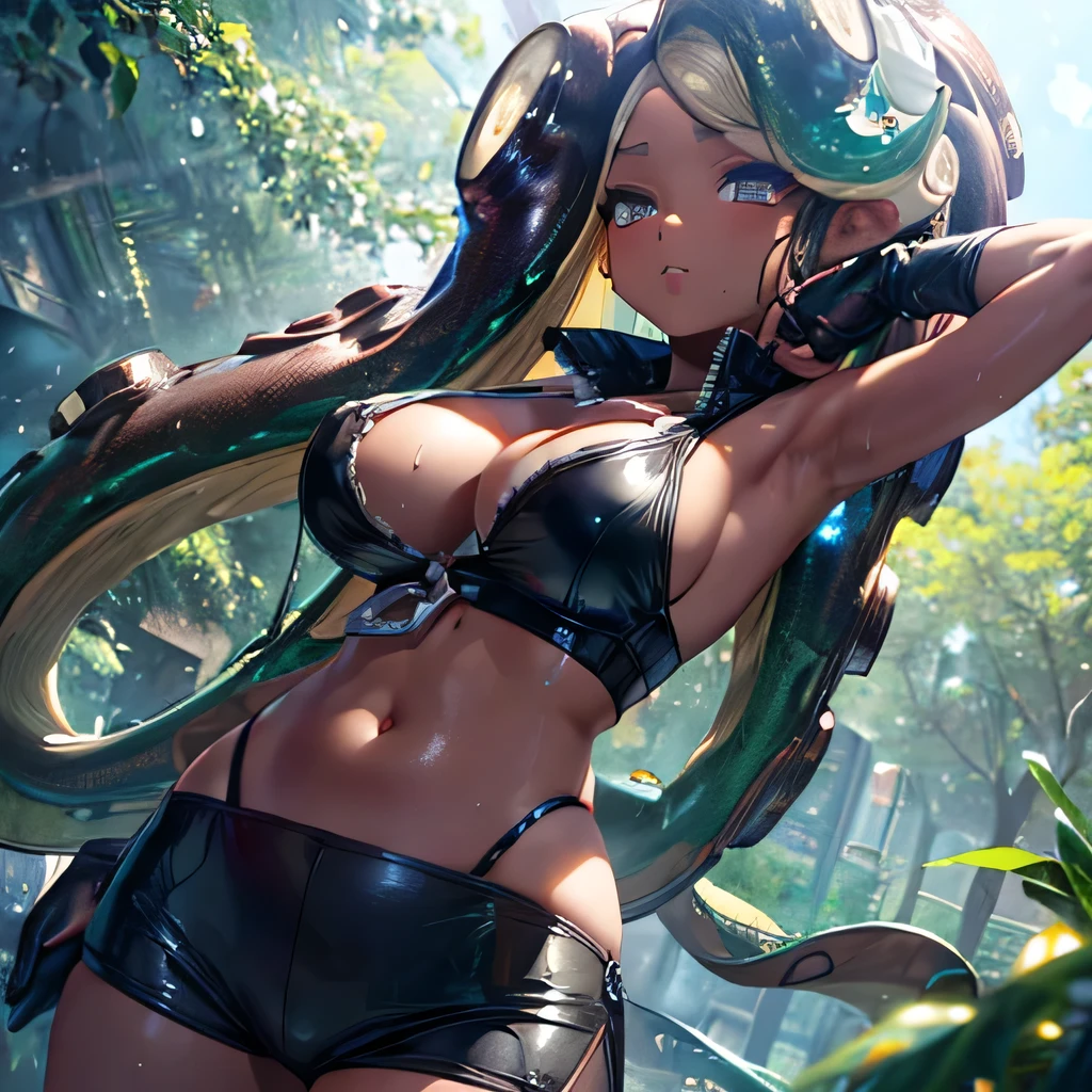  ((masterpiece,best quality,ultra-delicate,Perfect Face,16k,high resolution,very beautiful girl)),Browsing Caution, One Girl, jitome, Ribbon swimsuit, sweating, Bend back, Big Breasts,Armpit hair grows、Underarm High、marina,large breasts,
dark skin,
dark-skinned female,
tentacle hair,
crop top,
vest,
leather short pants,
gloves
cleavage