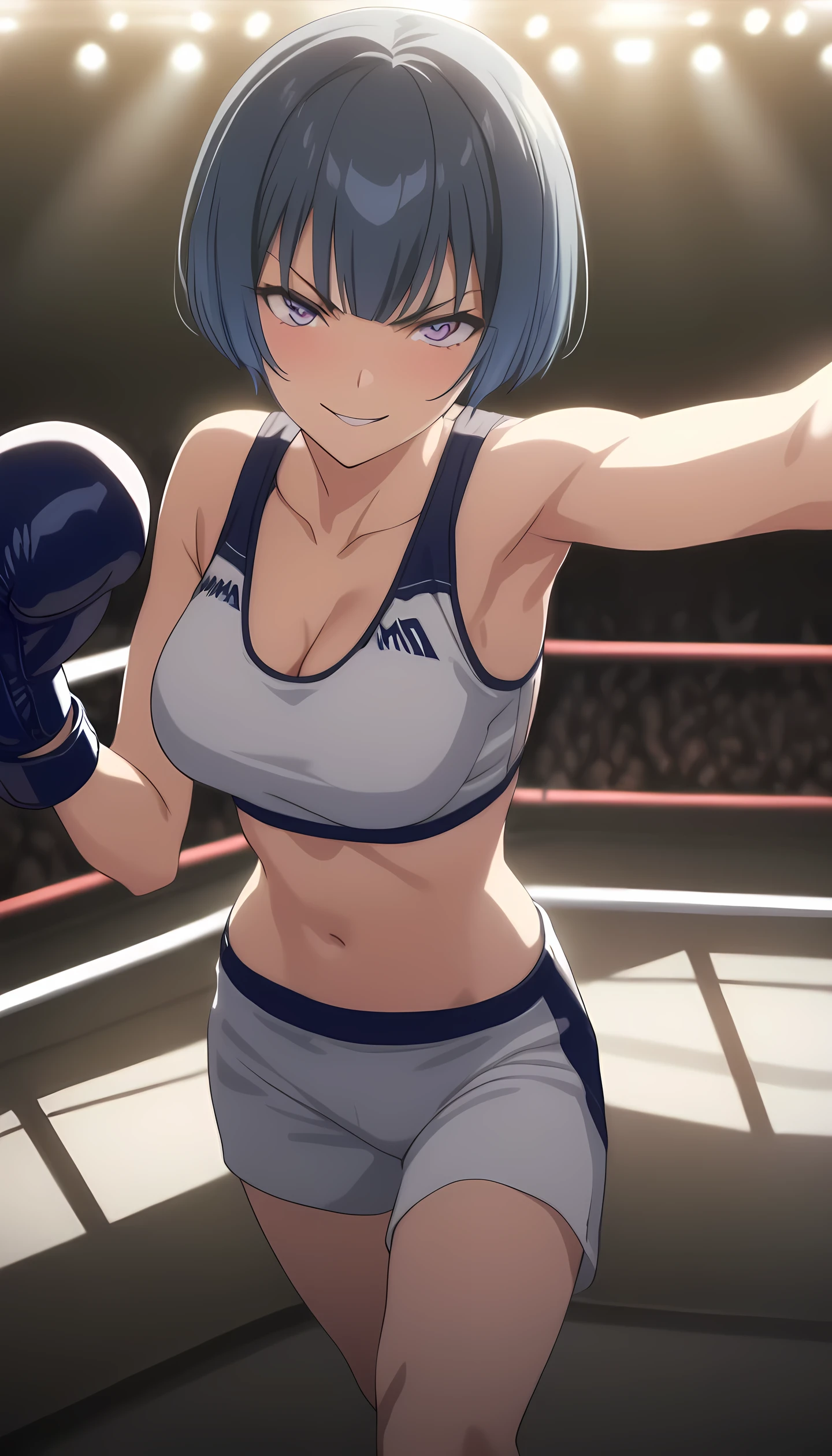 ibuki, 1girl, short hair, bangs, blue hair, purple eyes, midium breast, masterpiece, best quality, (wearing sexy sports wear:1.5, boxing gloves, navel, cleavage), (on MMA Arena :1.5), smirk, Toned stomach, looking at viewer,stage lighting, Ultra HD,Detailed eyes,Detailed face, close-up shot, from above,fighting, anime screencap, realistic background,