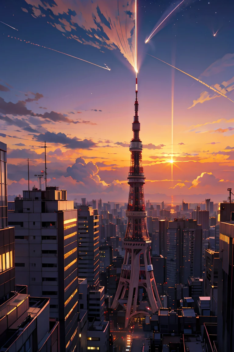 Best Quality, beautiful, Night Moon, A comet flies by, Tokyo Tower（Glasses、), cloud, sunset, Sunset, Attachment Platform, shinkai makoto、profile、