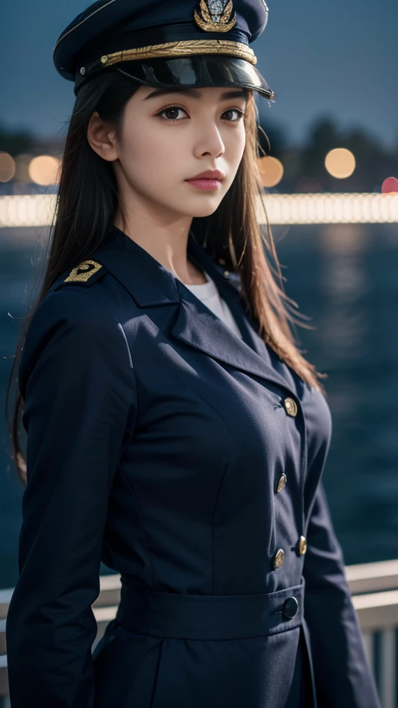 (8k、Photorealistic、RAW Photos、Best Quality、masterpiece、High image quality:1.4)、(Beautiful woman、2 woman)、so beautiful、detailed、(A vivid face)、A woman in a navy blue uniform posing on a warship、Woman in military uniform、Navy uniform and cap、Realistic Skin、精密なdetailed、light makeup、detailedな顔と目、Beautiful eyes、Delicate hair、Officer&#39;s rank insignia、Natural color lip、Sailing in the Pacific Ocean、Clear photos、Morning on the Ocean、Natural Light、Beautiful sea、Frigate、Serious expression、Slim figure、tie、Photos with depth、Realistic skin texture、Perfect Anatomy、Normal limbs、Beautiful posture、Height: 162cm、Glowing Skin