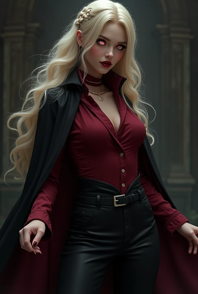 dark fantasy art, comic art, gothic art, (masterpiece:1.5), full body best details, highly detailed, best quality, highres, full body portrait of a female vampire (Masterpiece, best quality: 1.6), ultra feminine, with a long curvy hair, blond hair, (red:1.3) eyes, glowing eyes ((beautiful delicate face)), Ultra Detailed Face (wearing elegant glamour open black leather jacket: 1.5) , (flowing black leather jacket: 1.5), wearing an intricate (purple suit: 1.2) (intricate details, Masterpiece, best quality: 1.3), high heeled boots, urban background (intense details, beat details), fantasy, at night light, natural ,moon light, clouds, gothic atmosphere, soft light, ((anatomically correct: 1.3)), high details, best quality, 16k, [ultra detailed], masterpiece, best quality, (extremely detailed), dynamic angle, drkfntasy, evening dress, Intense gaze
