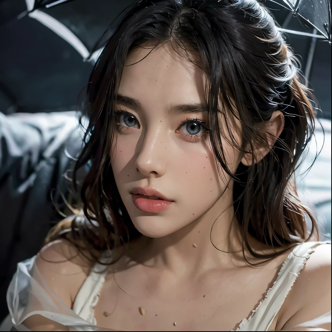 8k, masterpiece, RAW photos, best quality, realistic, extremely detailed CG unity 8k wallpaper, depth of field, (very beautiful face, beautiful lips, beautiful eyes), ((highly detailed skin)),  (realistic photo:1.5), Rainy day street, (Wet Girl), ((Dramatic Ripped Bra)), Full body model pose, sexy pose