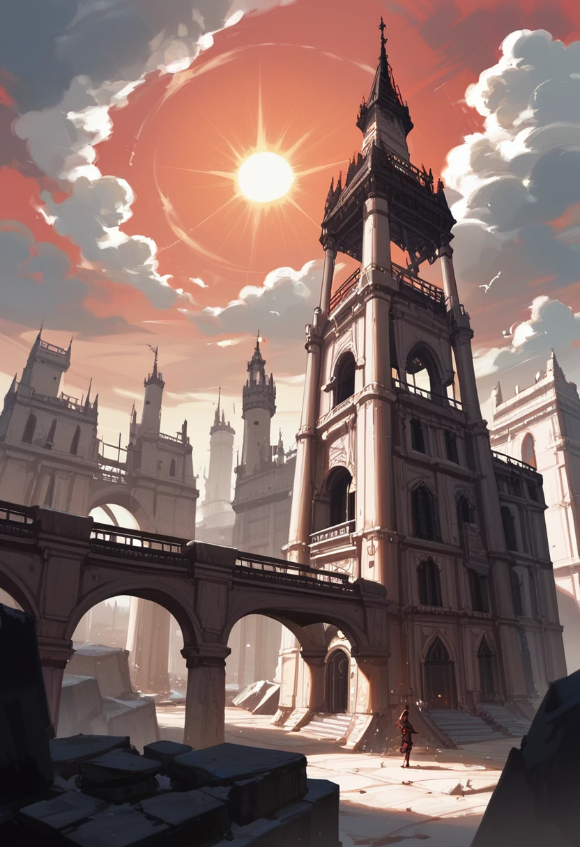 , score_9,score_8_up,score_7_up, A stone fortress,  with golden towers, gothic architecture, flying imponent, over a modern city  in ruins, dark atmosphere, the sun is covering by dark red clouds