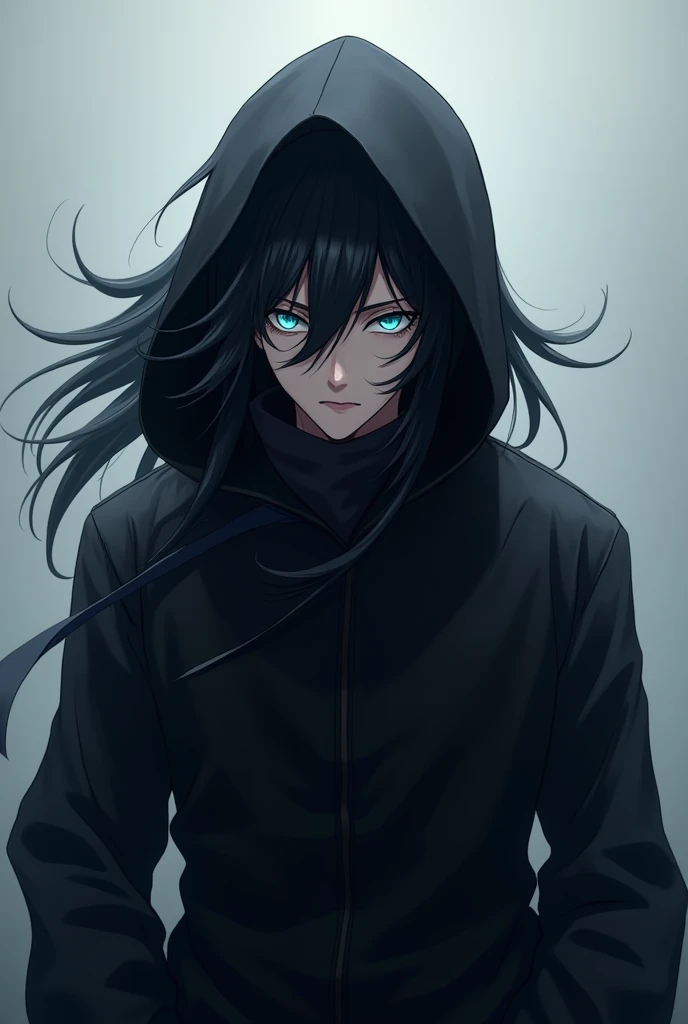 1 man, dark anime ninja, detailed black hair, piercing blue eyes, black hooded jacket, direct eye contact, (best quality,4k,8k,highres,masterpiece:1.2),ultra-detailed,(realistic,photorealistic,photo-realistic:1.37),HDR,UHD,studio lighting,ultra-fine painting,sharp focus,physically-based rendering,extreme detail description,professional,vivid colors,bokeh,anime art,konachan,anime wallpaper,4k anime,manga,badass solo