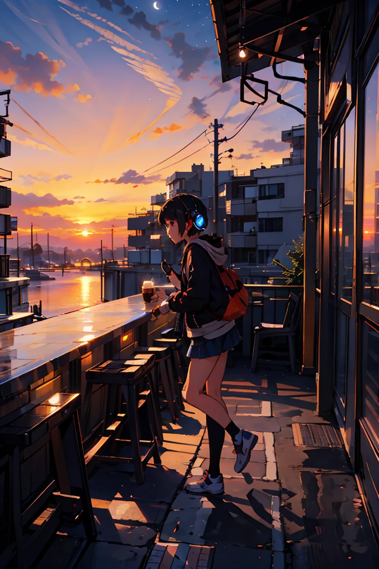 Best Quality, beautiful, Night Moon, A comet flies by, Cafe Terrace（Girl wearing headphones), cloud, sunset, Sunset, Attachment Platform, shinkai makoto、Sunset、