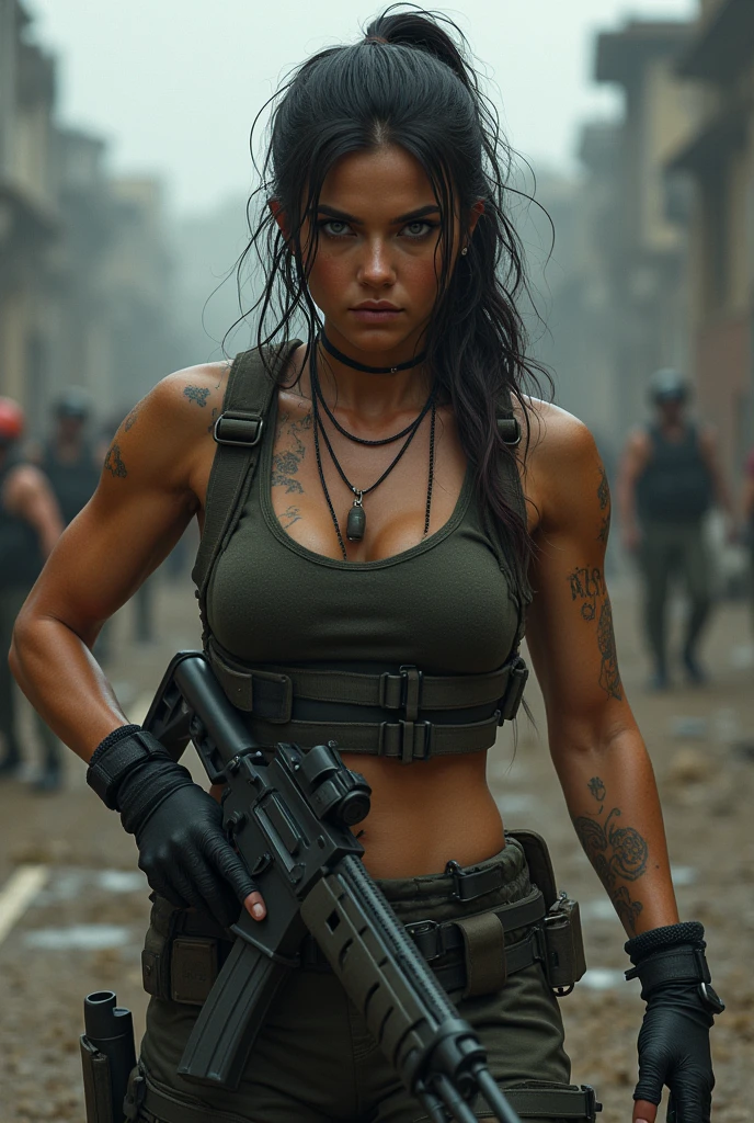 "Visualize Megan Fox, the renowned Hollywood actress, taking on the role of a determined police officer in a gritty scene. She stands amid the ruins of a building, her appearance marked by determination and intensity.
Megan is dressed in a black trouser uniform, highlighting her no-nonsense approach. Her attire includes a white low-neck vest, adding a touch of femininity to her otherwise stern and tough demeanor. In her hands, she firmly holds a rifle gun, ready to tackle any challenges in this rugged environment.
Her long black hair is slightly disheveled from the intensity of her mission, and her face is marked by mud and sweat, reflecting the harsh conditions she's braving.
The backdrop is one of building ruins, a scene of chaos and destruction. Megan, with her commanding presence, embodies the spirit of a relentless officer determined to bring order to the chaos.
This visualization captures Megan Fox as a resolute police officer, confronting adversity in a setting of building ruins, where her strong and unwavering character shines."