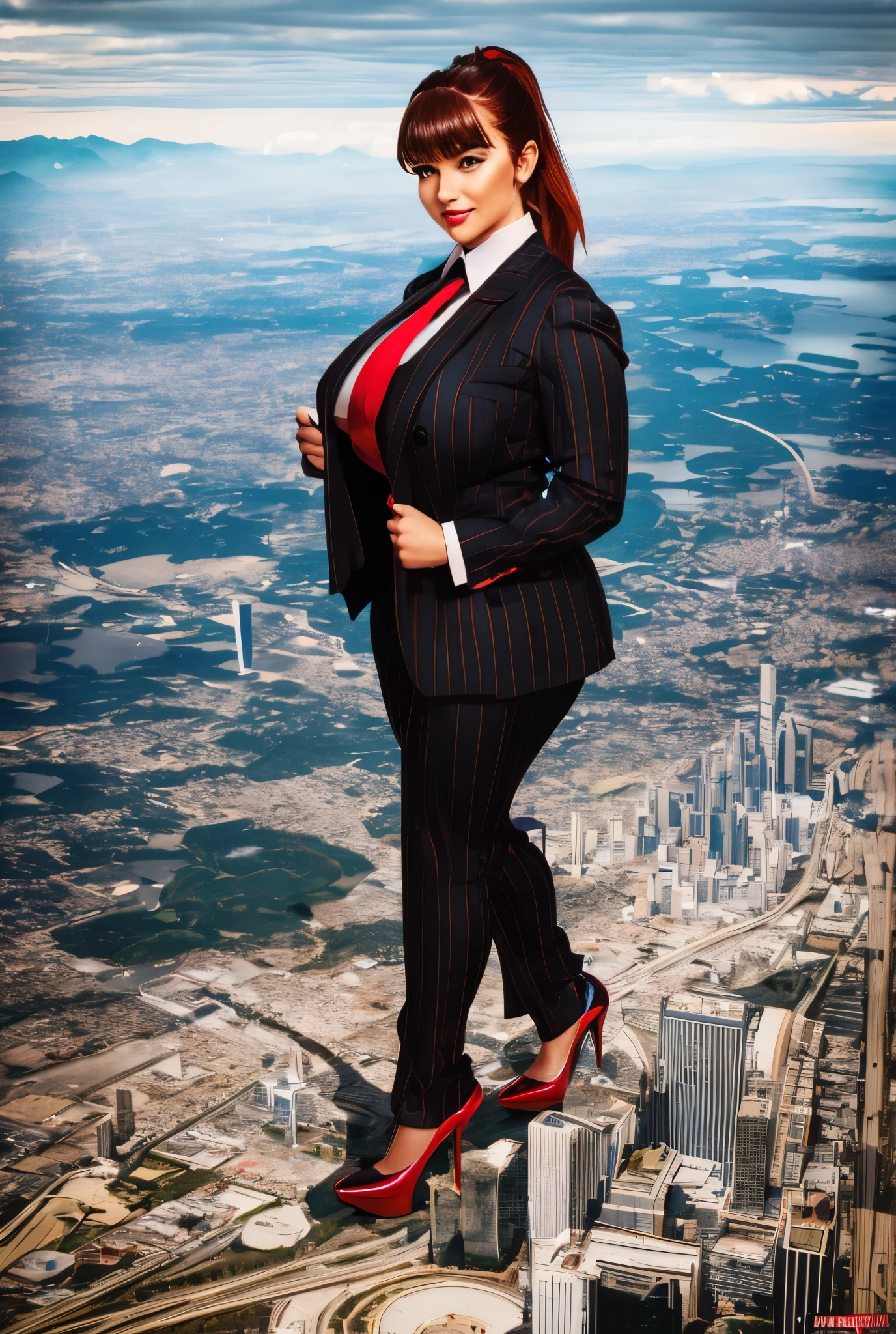  Young adult 1 woman, beautiful curves a massive curvy thighs redhead ponytail red lips wearing a perfect crimson pinstriped suit and blazer with a ((massive thick and massive black necktie, windosr knot the size of a fist)) white crisp shirt, massive breasts. Black Platform high heels, colossal breasts. Platform high heels , standing, giantess art, tie bar, highly detailed giantess shots, giantess, most detailed, perfect face, Two legs, Five fingers, short hair, A girl who is bigger than a skyscraper, standing on very small city, skyscarpers at their feet, skyscrapers small, smile, huge breasts, major metropolis, numerous cities, , A very small big city, Miniature metropolis, Full body description, GTS, giga giantess, gigagts, stomping city, crash city, tiny city, micro city, , High resolution, highest quality, masterpiece,  tiny destroyed skyscrapers city, illustration, skyscrapers size of small toys standing behind and very far away from city, (masterpiece, best quality, best shadows, best shading, perfect hands, perfect face, cinematic lighting, colorful, ultra-detailed, beautiful photography, character focus, extremely-detailed, photorealistic, hyper photorealism, atmospheric), ), (giantess, stereotypical office boss), (dirty, filthy, unwashed, sweaty, unkempt, happy, tired, exhausted, annoyed), ((walking, mid stride:1.2, stepping down on:1.2, stomping, crush, rampage)), (black patent Louboutin rounded toe pumps, high heels, platform heels), ((,)), ((long ponytail hair with front bangs)), (high altitude photography, satellite view), (curvy, , heaving bosom, legs), (mega city, urban sprawl, and small towns, buildings, roads), (((cloudy, overcast, clouds and atmosphere partly obscuring the subject:1.2, hazy atmosphere, haze in foreground, wispy clouds)))