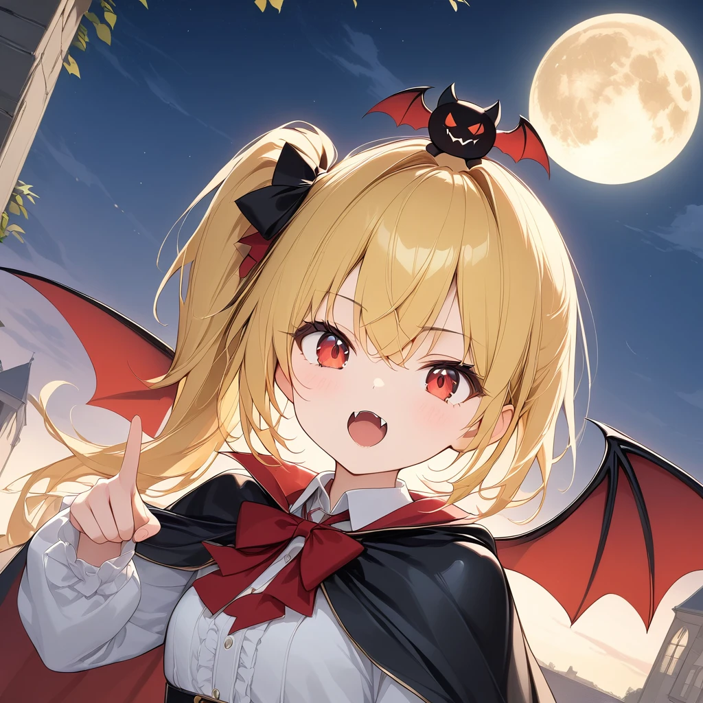 Digital Art、((Amazingly absurd)),(masterpiece:1.2),超High resolution, Attention to detail, high quality, High resolution, 最high quality, 4K, 8k、Young Vampire,girl,Bat wings on the back and head,Red eyes,Yellow Hair,Side Ponytail,Do the roar pose,Finger gap,Open your mouth wide(Emphasizing the fangs),Wear a high-collared cape,Pitch black cloak,night,Big full moon,Bathed in moonlight,Shining Edge,Angle from the front