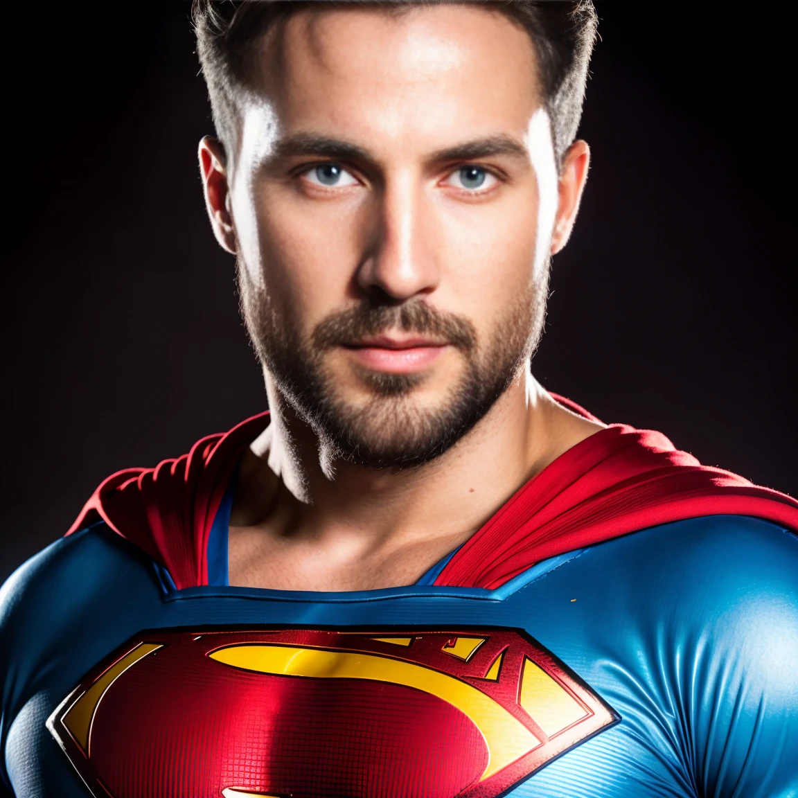 1man muscular male wear a superman suit, red long cape, 30 years old，small beard, Sexy and charming expression，gloomy eyes，Blue eyes, The lighting is spectacular., Creating strong contrasts and shadows, giving a melancholic tone, intense atmosphere. high intensity light, dramatic shadows, warm color tones, (best quality,4k,8k,highres,masterpiece:1.2),ultra-detailed,(realistic,photorealistic,photo-realistic:1.37),studio lighting,extreme detail description,professional,vivid colors,bokeh,cinematic lighting,dramatic
