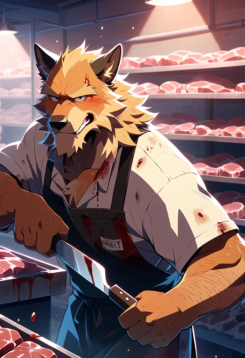 masterpiece, best quality, 8k resolution, Very detailed, hairy,Shiba Inu,(Black hair),(((golden fur))),(((Blood red eyes))),Chubby,Chubby face,(((White shirt))),(((Loose shirt))),((Black pants)),(((For the audience))),Highest quality scene,(((Solitary))),(((solitary))),portrait,((Hand drooping normally)),((night)),((bloody)),(((Facing the audience))),(((The eyes are empty))),(((Round face))),(((Smiling evilly))),(((Blood all over))),(((Standing))),(((classroom))),(((dark)))