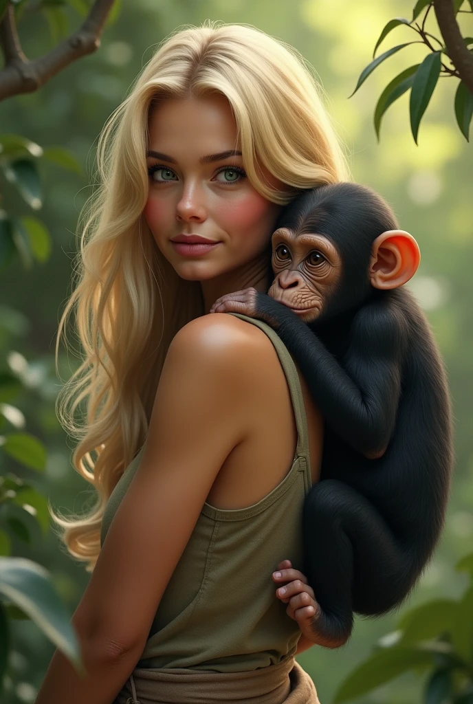 A (((tween holding a monkey and a monkey in her arms,))) Nami from one piece. Wearing micro skirt. ((And her get hugs with Lewd monkey groping her in jungle)).(realistic arts), intricate, (monkey craves her carnally), nipslip, puffy nip