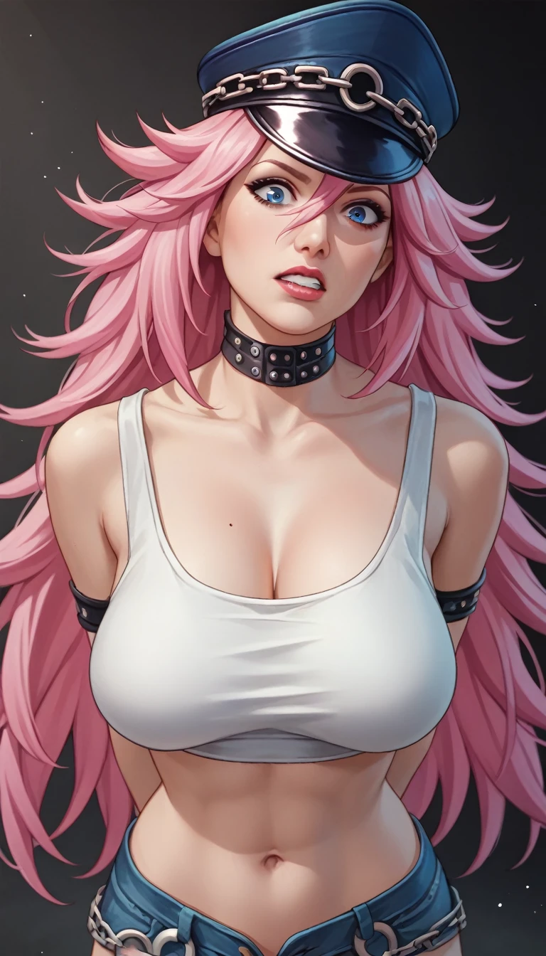 score_9, score_8_up, score_7_up, masterpiece, high quality 1girl, pink long hair, nail polish, poison, white crop top, huge , hands behind back, denim shorts, long hair, (face focus:1), blue eyes, ultra-detailed, masterpiece, highest quality, detailed eyes, hat, big breasts, shocked expression, taken by surprise, arms behind back, big grin