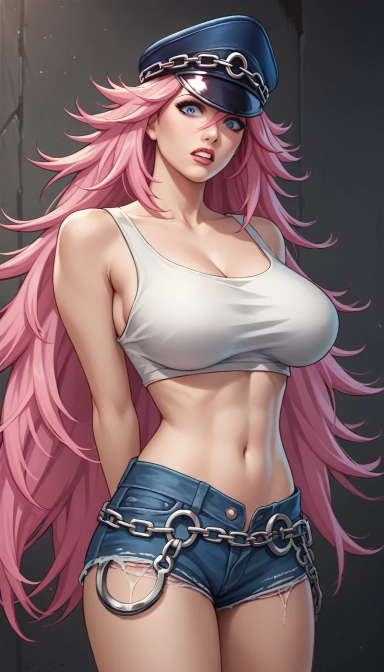 score_9, score_8_up, score_7_up, masterpiece, high quality 1girl, pink long hair, nail polish, poison, white crop top, huge , hands behind back, denim shorts, long hair, (face focus:1), blue eyes, ultra-detailed, masterpiece, highest quality, detailed eyes, hat, big breasts, shocked expression, taken by surprise, arms behind back, big grin