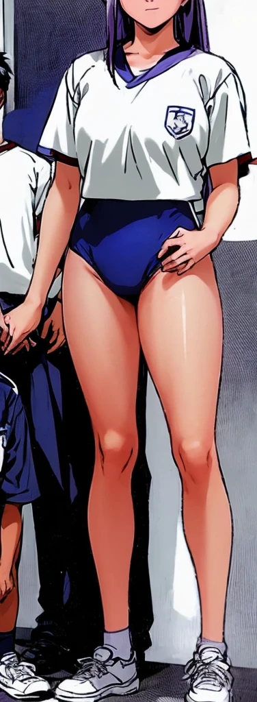 Momoko Koigakubo, a tall girl with beautiful legs, is standing with her legs spread to the sides in a white gym uniform and light navy blue bloomers that look like panties.。Side angle。
