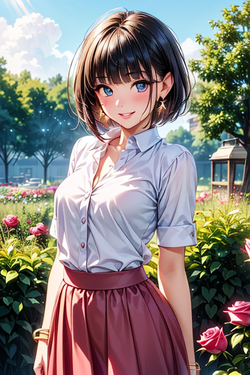 large breasts, button down shirt, ((floral pattern white shirt)), ((unbuttoned shirt)), ((short sleeved shirt)), cleavage 1:3