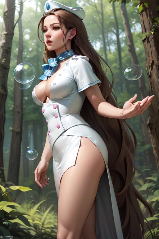 CammyMeele, wearing a white uniform, short skirt, side slit skirt, brown eyes, hat, standing with in a forest, bubbles in air, trees, lightrays,  