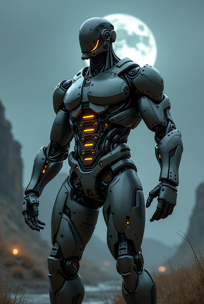 Handsome cyborg man, half of the face is machinery,  metal chest plate has some robotic gadgets. Masculine arms, elbow joints are machinery. Hands are robotic. Beliw the waist is robotic. Wasteland background in night. Shot taken from front below. Full body captured. 