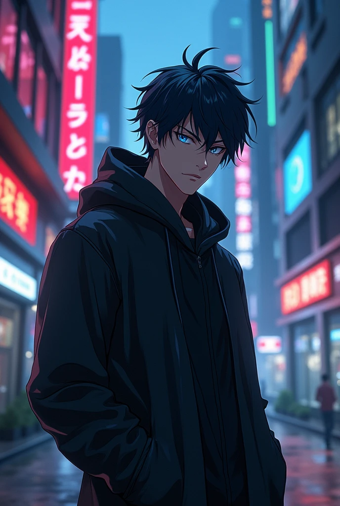 1 man, dark anime ninja, extremely detailed black hair, piercing blue eyes, black hooded jacket, direct eye contact, (best quality,4k,8k,highres,masterpiece:1.2),ultra-detailed,(realistic,photorealistic,photo-realistic:1.37),HDR,UHD,studio lighting,ultra-fine painting,sharp focus,physically-based rendering,extreme detail description,professional,vivid colors,bokeh,anime art,konachan,anime wallpaper,4k anime,manga,badass solo at cyberpunk night city