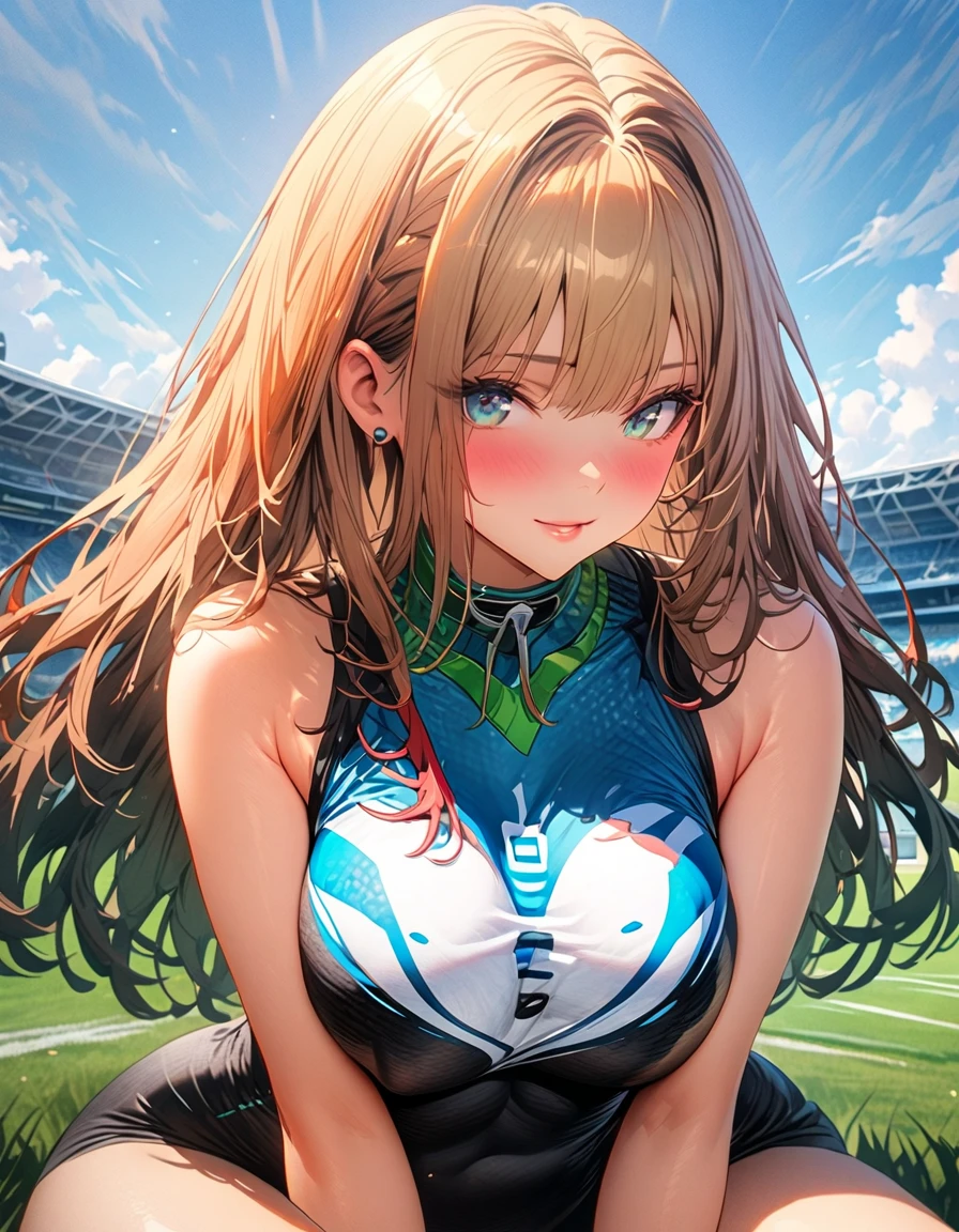 Silence Suzuka、(Squat)、(With legs apart)、(Super huge breasts),blue sky、Grassland Stadium、(Show me your crotch)、{{{Browse with caution}}}、{{{masterpiece}}}, {{{Best Quality}}}, {{ultra-detailed}}, {{shape}}, {{{Very delicate and beautiful}}},{{extremely detailed CG}}、{{unity 8k portrait}}、{{Fabric Shading}}、{{super detailed skin}}、{{Perfect Anatomy}}、{{detailed}}、{{Dynamic Lighting}}、{{{beautiful detailed eyes}}}、{{{beautiful detailed Face}}}、{{{Realistic, RAW Photos}}}、(Perfect Face)、(非常にdetailedな顔)、(Perfect Eyes)、(Highlights)、(Perfect Legs)、(Perfect breasts)、(Perfect pose)、(Perfect body)