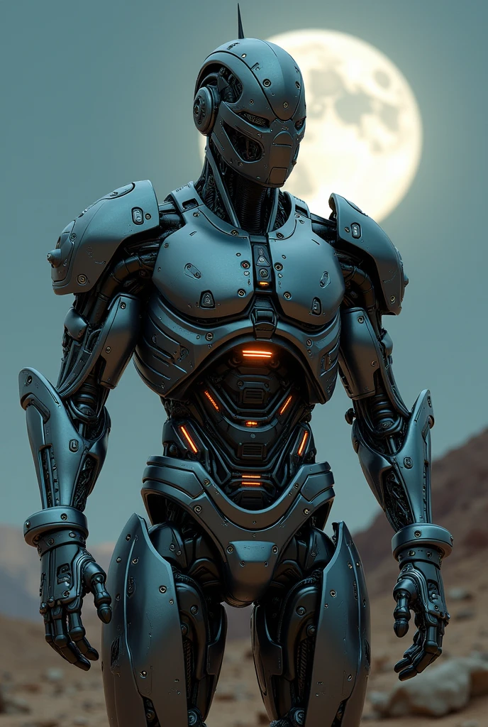 Handsome cyborg man, half of the face is machinery,  metal chest plate has some robotic gadgets. Masculine arms, elbow joints are machinery. Hands are robotic. Beliw the waist is robotic. Wasteland background in night. Shot taken from front below. Full body captured. 