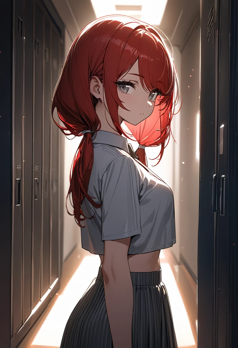 piece of master:1.3,best quality:1.2,Realistic:1.3,altamente detalhado,Arte Oficial,Grande obra-prima de arte digital,detailed manga illustration,finamente detalhado,highest resolution,arte deslumbrante,illustration,1 girl, somente, cabelos ruivos estriados:0.9,Red braid lens,sala de aula,multiple tables,Mesas limpas,(fundo da janela),,Olhos anelares,olhos amarelos