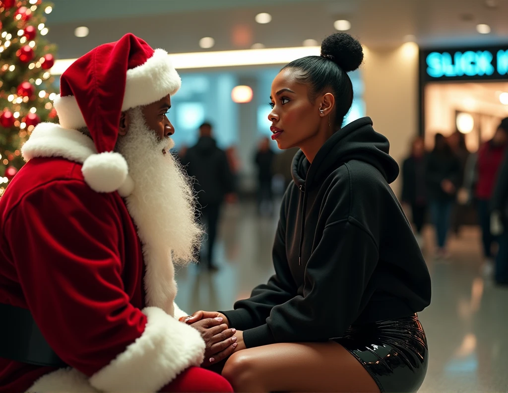 black woman hair in a bun black hoodie black leather short shorts butt cheeks showing excited and eyes wide open on her face setting in santa claus lap at the mall 8k santa has his hands around her waist and kissing her neck hands in her ass cheeks
