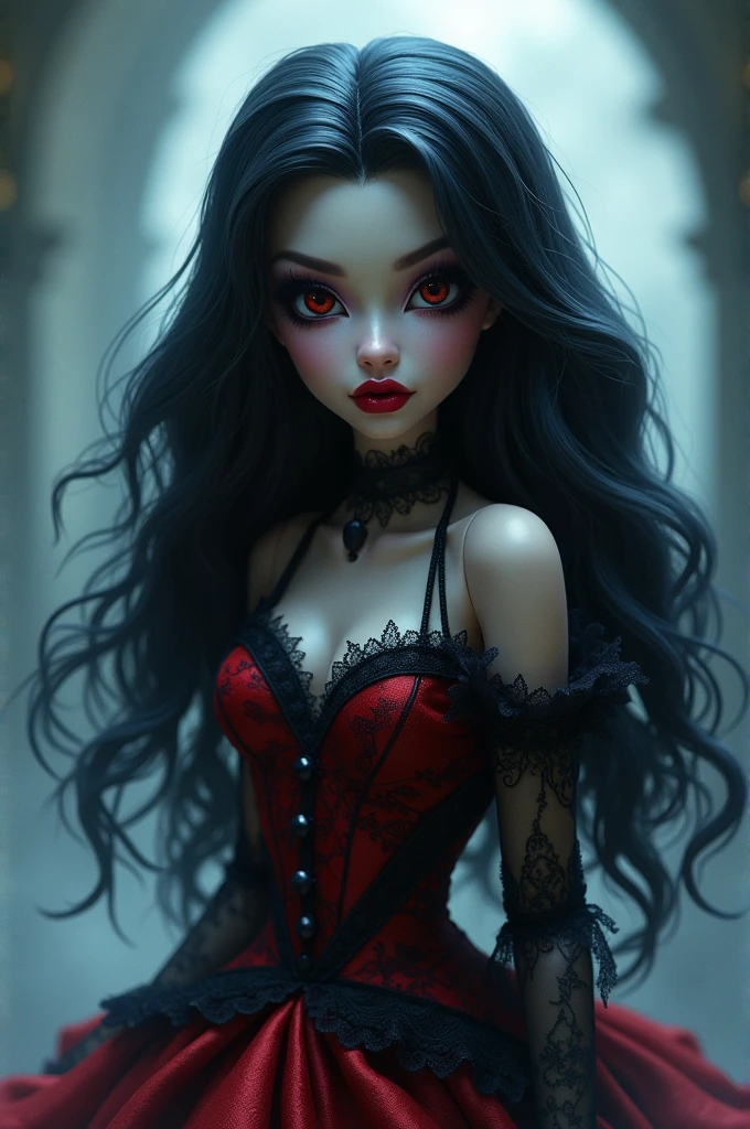 Pennywise woman with long black hair with orange streaks Dracula style from monster high