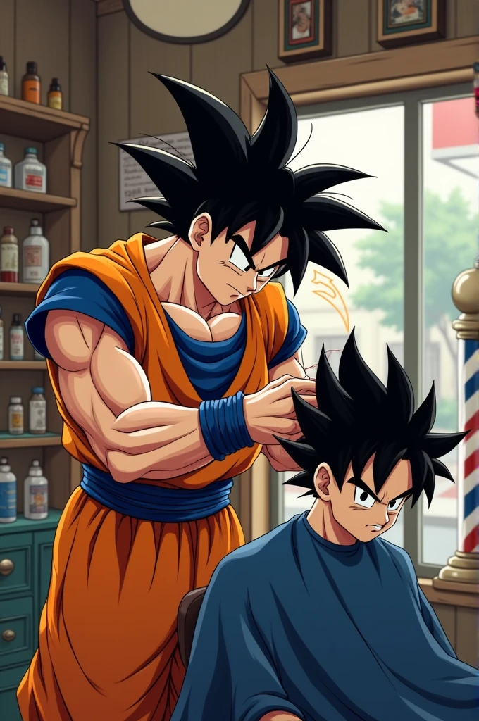 Goku cutting Johan&#39;s hair classic barbershop with tattoos with classic drawing for barbershop painting