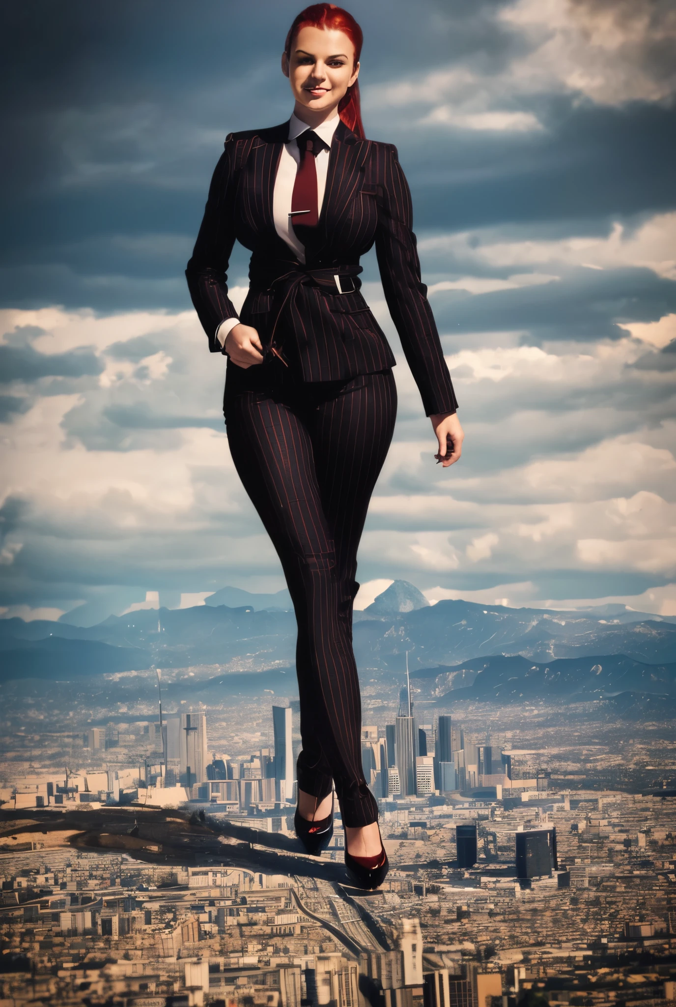 Young adult 1 woman, beautiful curves a massive curvy thighs redhead ponytail red lips wearing a perfect crimson pinstriped suit and blazer with a ((massive thick and massive black necktie, windosr knot the size of a fist)) white crisp shirt, massive breasts. Black Platform high heels, colossal breasts. Platform high heels , standing, giantess art, tie bar, highly detailed giantess shots, giantess, most detailed, perfect face, Two legs, Five fingers, short hair, A girl who is bigger than a skyscraper, standing on very small city, skyscarpers at their feet, skyscrapers small, smile, huge breasts, major metropolis, numerous cities, , A very small big city, Miniature metropolis, Full body description, GTS, giga giantess, gigagts, stomping city, crash city, tiny city, micro city, , High resolution, highest quality, masterpiece, tiny destroyed skyscrapers city, illustration, skyscrapers size of small toys standing behind and very far away from city, (masterpiece, best quality, best shadows, best shading, perfect hands, perfect face, cinematic lighting, colorful, ultra-detailed, beautiful photography, character focus, extremely-detailed, photorealistic, hyper photorealism, atmospheric), ), (giantess, stereotypical office boss), (dirty, filthy, unwashed, sweaty, unkempt, happy, tired, exhausted, annoyed), ((walking, mid stride:1.2, stepping down on:1.2, stomping, crush, rampage)), (black patent Louboutin rounded toe pumps, high heels, platform heels), ((,)), ((long ponytail hair with front bangs)), (high altitude photography, satellite view), (curvy, , heaving bosom, legs), (mega city, urban sprawl, and small towns, buildings, roads), (((cloudy, overcast, clouds and atmosphere partly obscuring the subject:1.2, hazy atmosphere, haze in foreground, wispy clouds)))