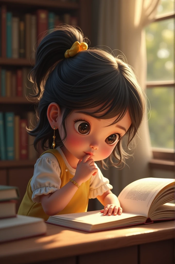 little . Cabelo; castanho claro. Amarrado em dois coques Olhos: castanho claro. Cor: branca. Vestido rosa claro e pink. Segurando um livro. Sorrindo. Estilo pixar disney